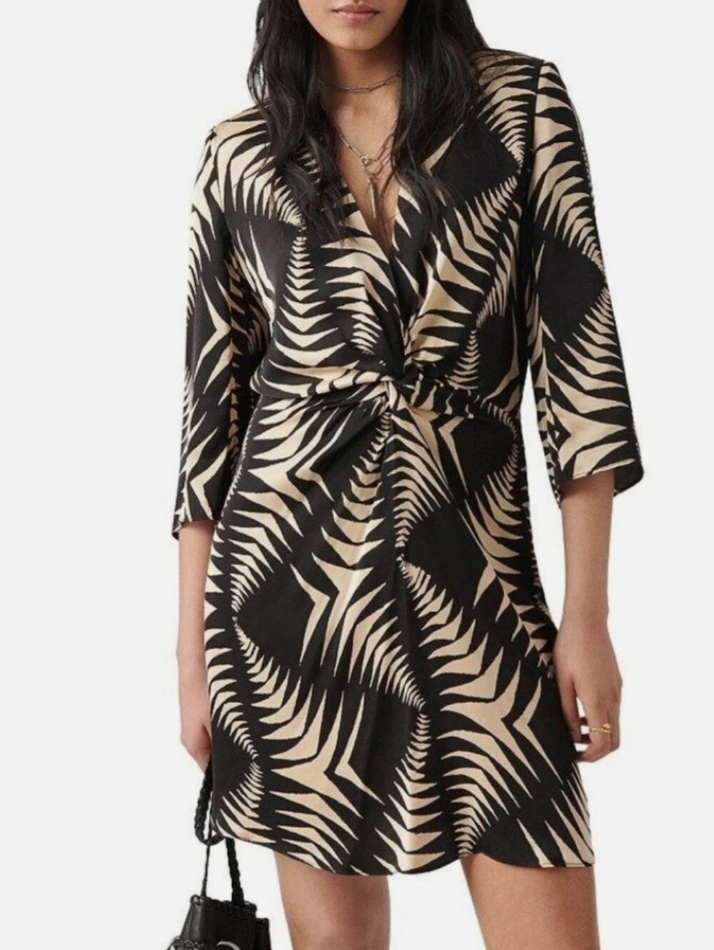 Ba&sh Naude Twist Front Geometric Print Mini Dress Black XS